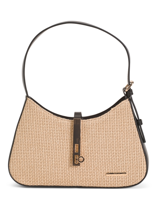 Woven Straw Shoulder Bag with Black Trim